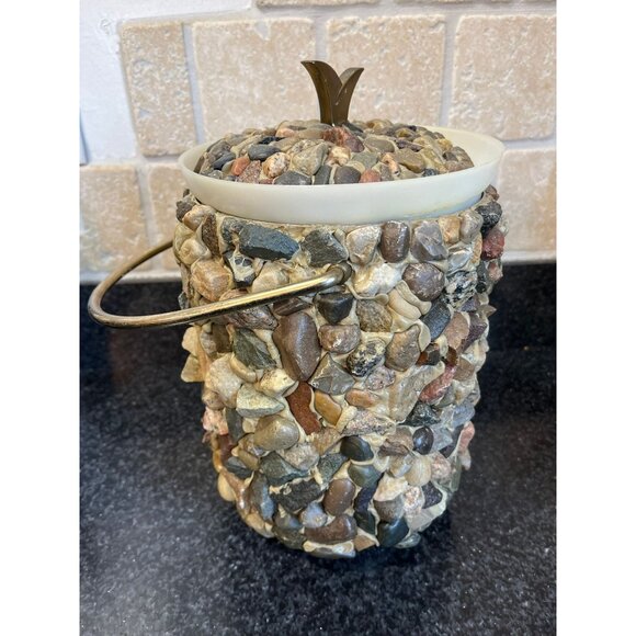 Vtg Ice Bucket Handmade Hand Placed Rocks Stones Pebbles Ice Bucket With Gold - Picture 5 of 10